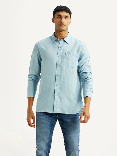 Levi's Men's Solid Light Blue Slim Fit Shirt-picture-20