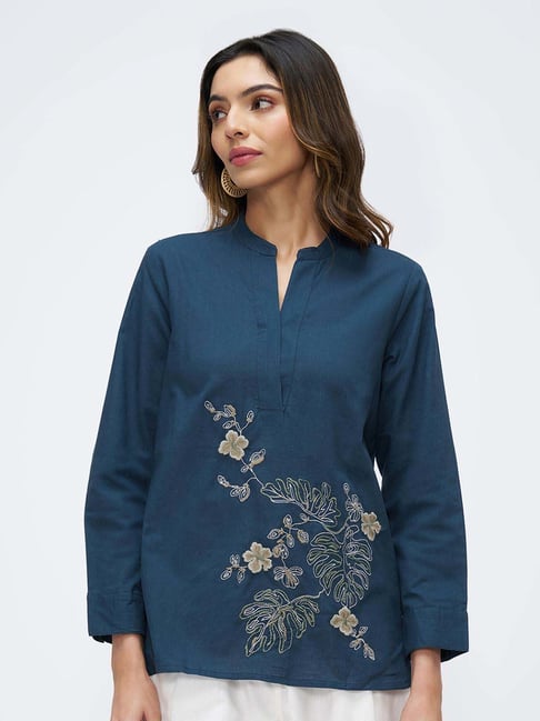 Akkriti By Pantaloons Blue Regular Fit Embroidered Top