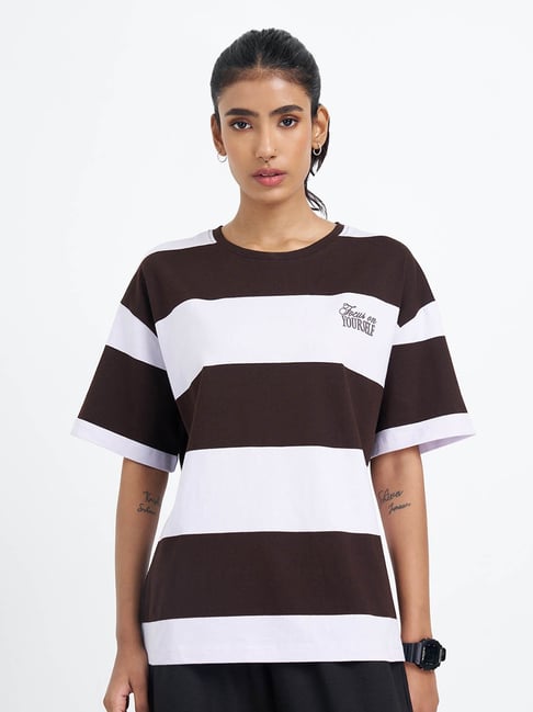 Ajile By Pantaloons Brown & White Relaxed Fit Striped T-Shirt