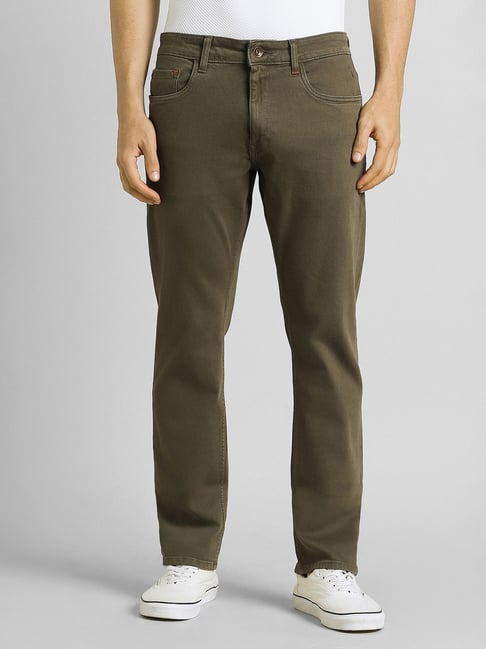 Simon Carter London Green Cotton Regular Fit Solid Jeans