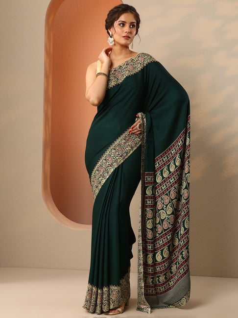 Libas Green Satin Saree With Unstitched Blouse-picture-18