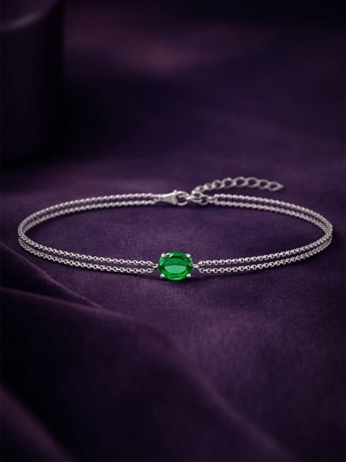 Clara 925 Silver Swiss Zirconia Green Solitaire Double Chain Flexible Fit Bracelet
