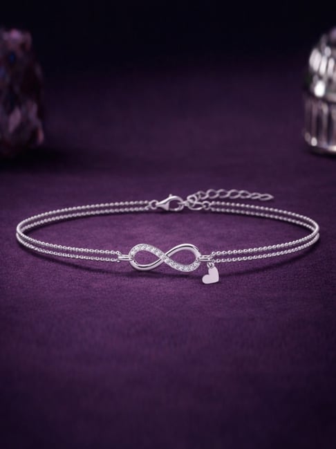 Clara 925 Silver Swiss Zirconia Infinity Heart Double Chain Flexible Fit Bracelet