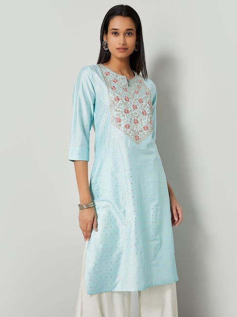 Melange by Lifestyle Light Blue Embroidered Regular Fit Kurta-picture-16