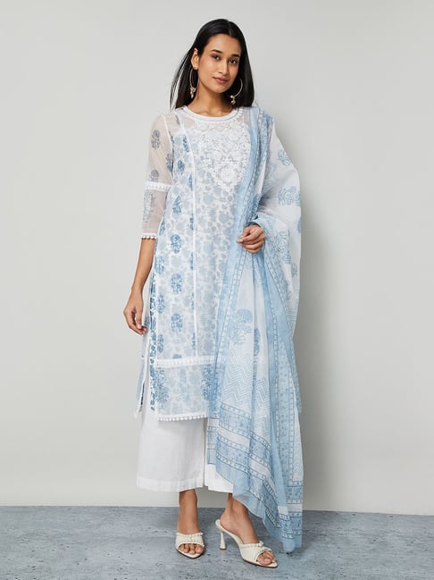 Melange by Lifestyle Indigo Floral Regular Fit Kurta, Inner with Dupatta-picture-29