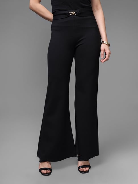 Kazo Black Viscose Solid Mayor Flared Jeggings