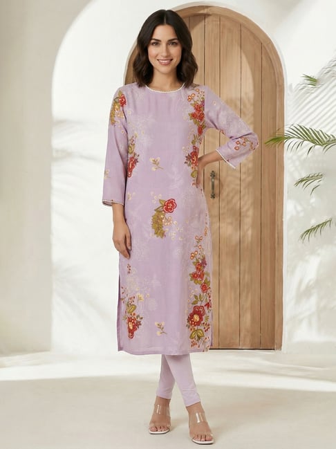 W for Woman Lavender Floral Printed Lace Straight Kurta-picture-48