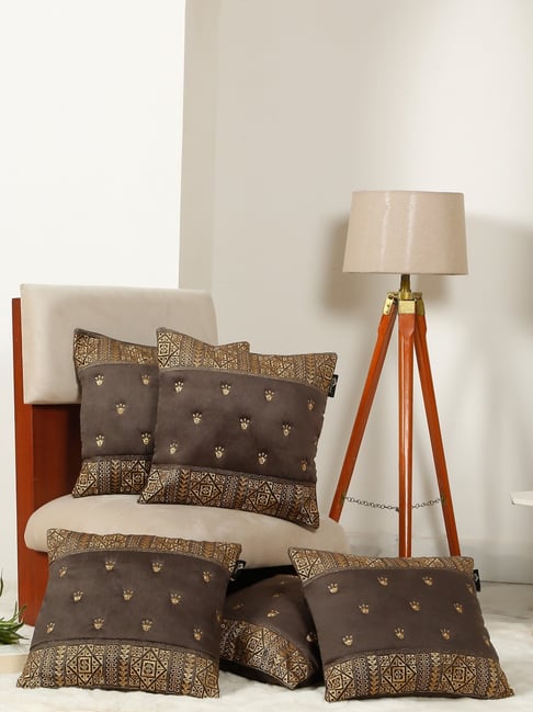 HOSTA HOMES Brown Soft Velvet Geometric Cushion Covers - Set of 5-image-46