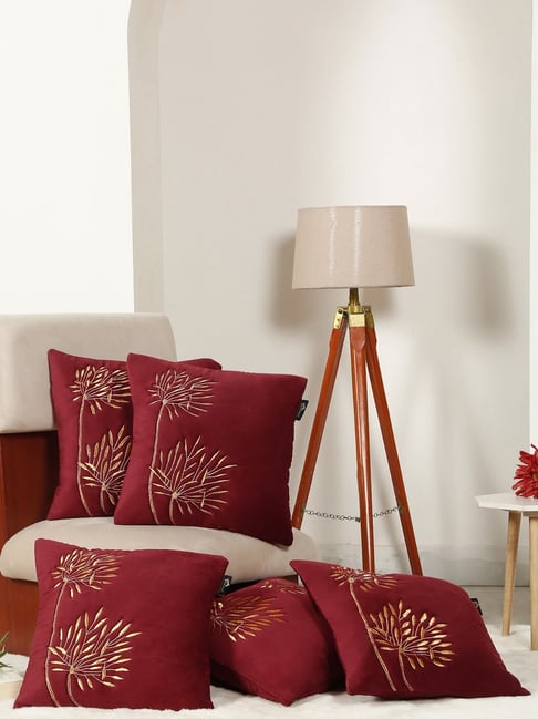 HOSTA HOMES Maroon Soft Velvet Leaf Cushion Covers - Set of 5-picture-38