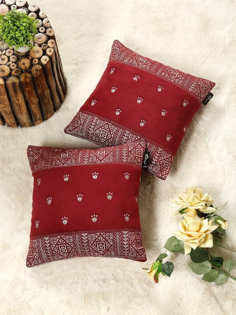 HOSTA HOMES Maroon Soft Velvet Geometric Cushion Covers - Set of 2
