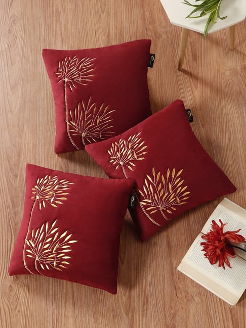 HOSTA HOMES Maroon Soft Velvet Leaf Cushion Covers - Set of 3-image-13