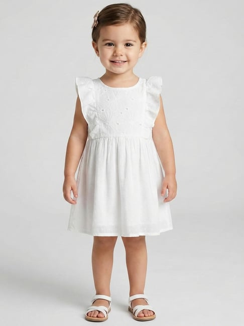 Creative Kid's Girls White Cotton Regular Fit Embroidered Dress