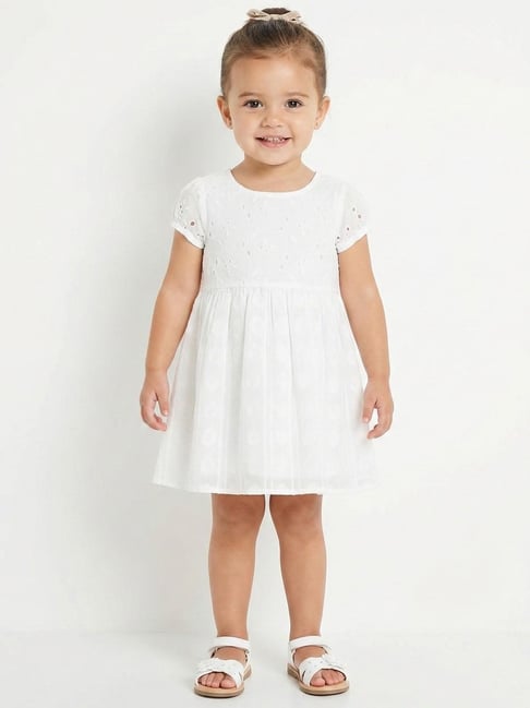 Creative Kid's Girls White Cotton Regular Fit Embroidered Dress