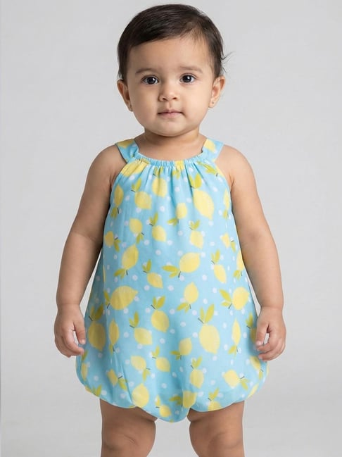 Creative Kid's Girls Yellow and Blue Regular Fit Printed Dungaree