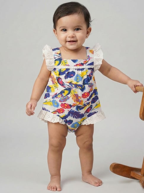 Creative Kid's Girls Blue Cotton Regular Fit Printed Dungaree