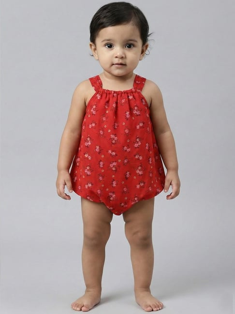 Creative Kid's Girls Red Regular Fit Printed Dungaree