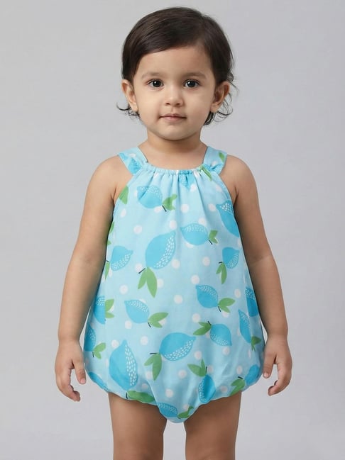 Creative Kid's Girls Turquoise Regular Fit Printed Dungaree