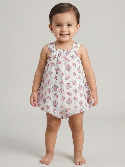 Creative Kid's Girls White Regular Fit Printed Dungaree