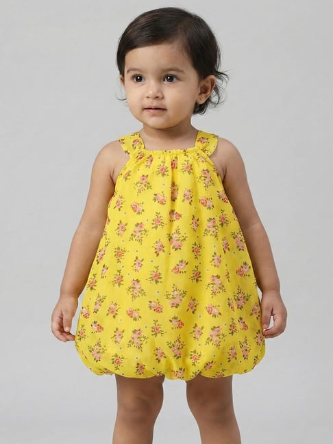 Creative Kid's Girls Yellow Regular Fit Printed Dungaree