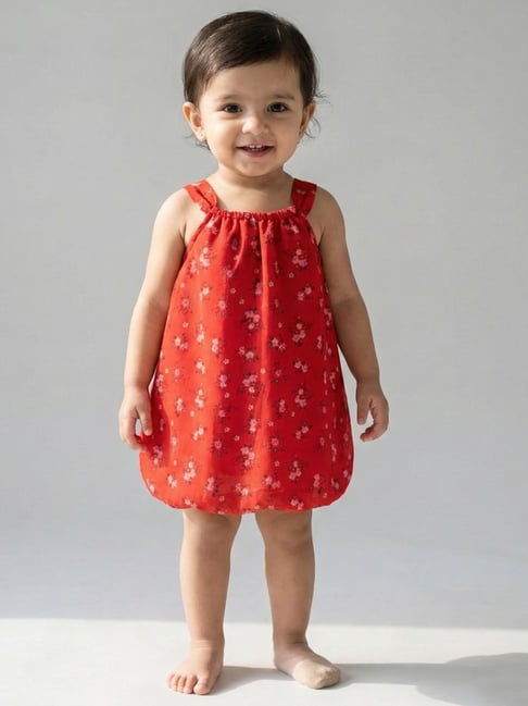 Creative Kid's Girls Red Regular Fit Printed Dungaree