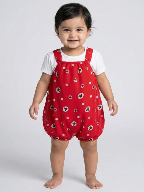 Creative Kid's Girls Red Regular Fit Printed Dungaree