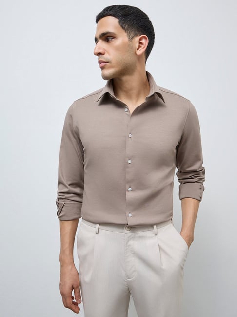 WES Formals by Westside Taupe Solid Slim-Fit Cotton-Blend Shirt