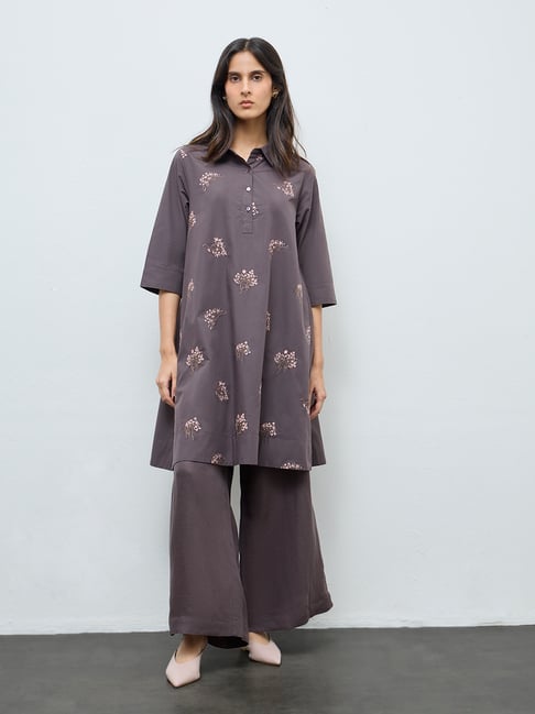 Zuba by Westside Grey Floral Embroidered Cotton A-Line Kurta-picture-33