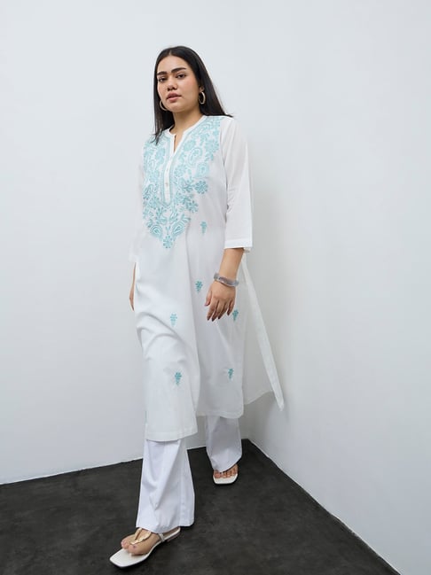 Diza by Westside White Embroidered Cotton A-Line Kurta
