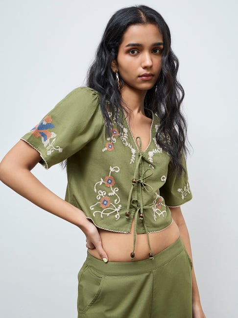 Bombay Paisley by Westside Green Floral Embroidered Cotton-Blend Top