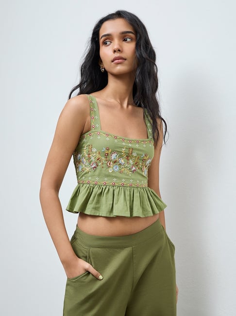 Bombay Paisley by Westside Green Floral Embroidered Cotton Top