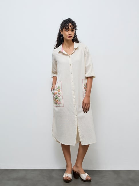 Utsa by Westside Off-White Floral Embroidered Cotton-Blend Shirt Dress