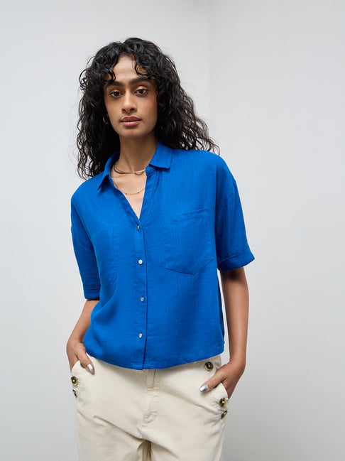 LOV by Westside Blue Solid Cotton-Blend Shirt-picture-40
