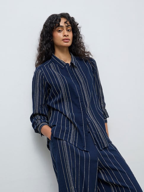 LOV by Westside Navy Striped Embroidered Cotton Shirt