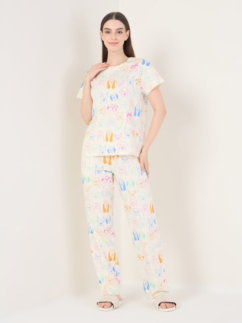 Sweet Dreams Swan White Animal Print Relaxed Fit Mid Rise Pyjama Set-picture-43