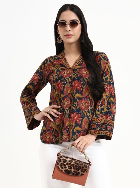 Yufta Navy Blue Cotton Printed Top