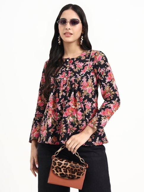 Yufta Black And Pink Cotton Floral Top