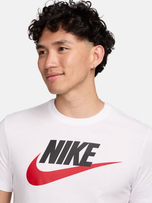 white nike shirt with red swoosh