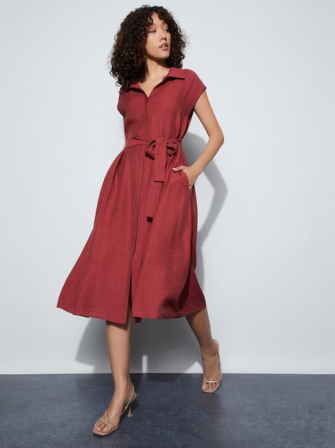burgundy shirt dresses NY Collection Long Roll Tab Sleeve Shirtdress Fudge / M
