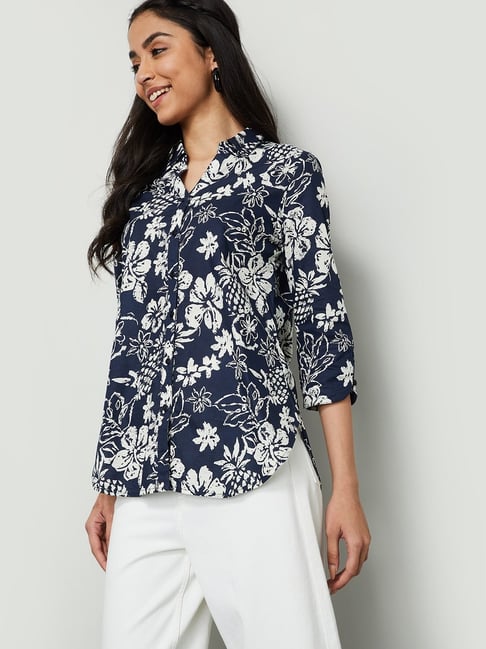 Colour Me By Melange Blue Cotton Floral Print Shirt