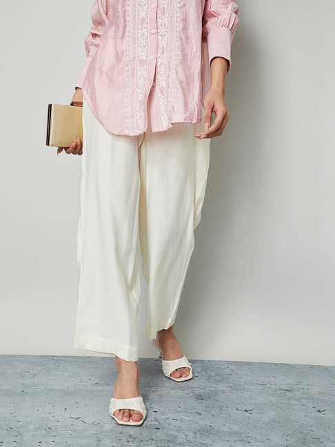 Melange By Lifestyle Off White Polyester Regular Fit Mid Rise Palazzos-picture-20