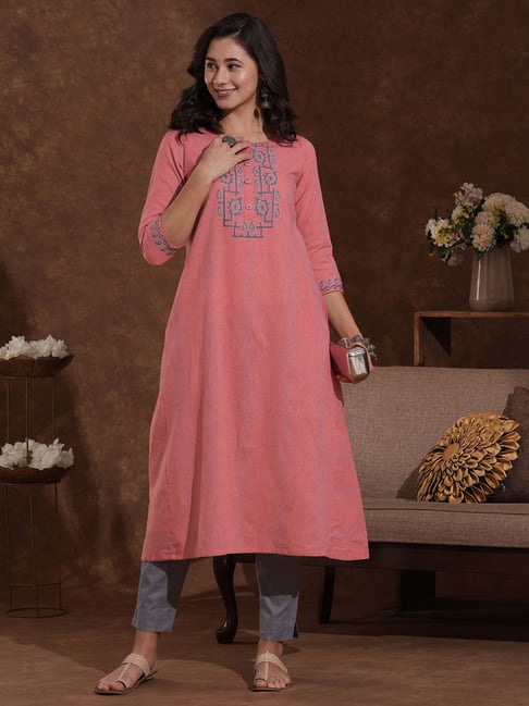 Kami Kubi Pink Cotton Striped Kurta