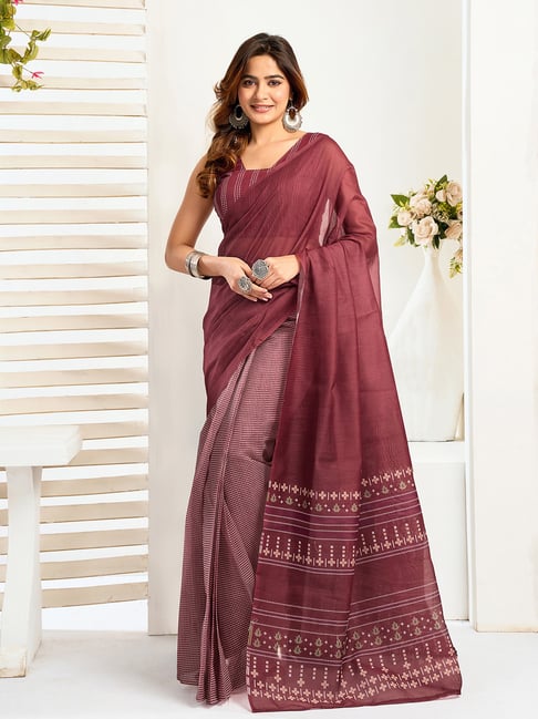 Elora Maroon Linen Ethnic Motifs Ready To Wear Saree With Pocket-picture-34