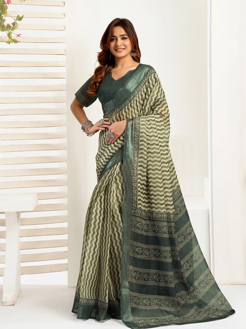 Elora Green Linen Zig Zag & Chevron Ready To Wear Saree With Pocket-picture-19