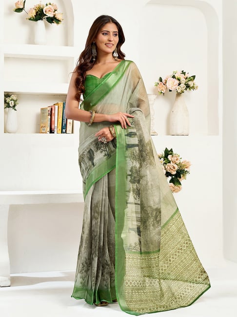 Elora Green Linen Floral & Ethnic Motifs Ready To Wear Sarre-picture-20