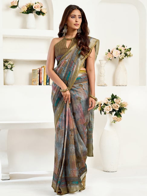 Elora Green Linen Floral & Ethnic Motifs Ready To Wear Sarre-picture-21