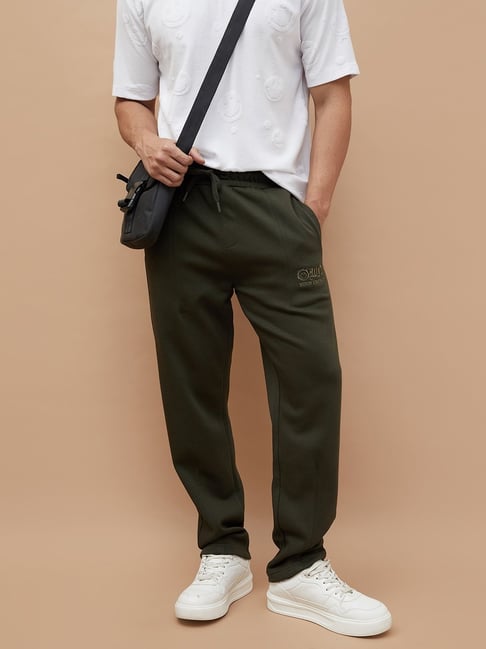 Smileyworld Olive Cotton Relaxed Fit Trackpants