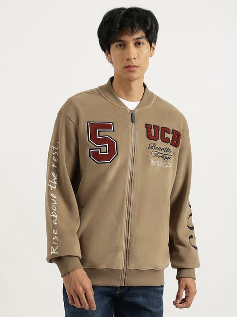 United Colors of Benetton Brown Regular Fit Baseball Collar Embroidered Sweatshirt
