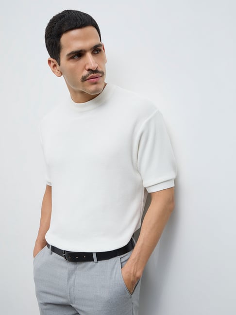 WES Formals by Westside Off-White Solid Slim-Fit T-Shirt