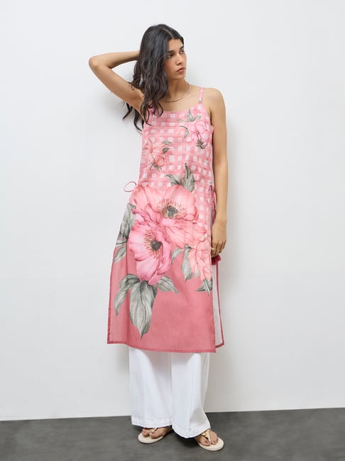 utsa by westside pink floral printed cotton a-line kurta