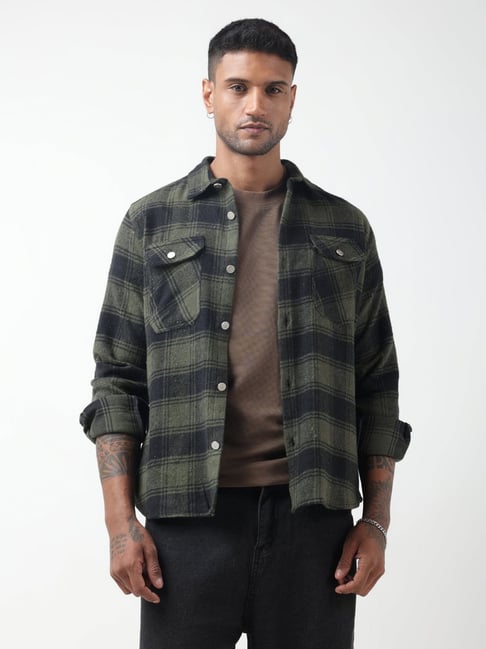 SHOWOFFFF Green Cotton Regular Fit Checked Shacket